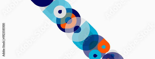 Abstract circles overlap, creating dynamic composition. Blue, orange hues dominate white background. Modern design element.