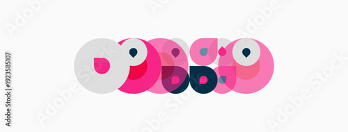 Abstract circles, pinks, blues, whites create playful composition. Overlapping shapes suggest depth, movement, modern design aesthetic.