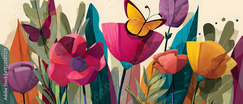 Colorful blooming garden with two butterflies and various flowers.