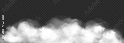 White fog or smoke effect isolated on transparent background. Cloud, mist cloudiness, vapor condensation, stream of gas. Vector realistic illustration.