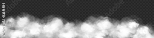 White fog or smoke effect isolated on transparent background. Cloud, mist cloudiness, vapor condensation, stream of gas. Vector realistic illustration.