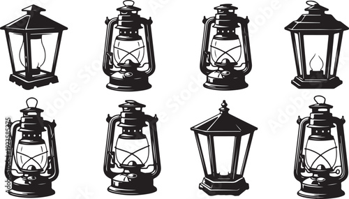 Set of vintage lanterns in black and white illustration style