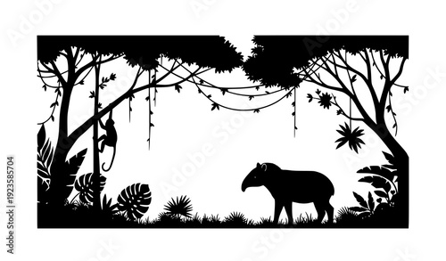 Tropical forest silhouette collage with tapir and monkey hand drawn vector illustration