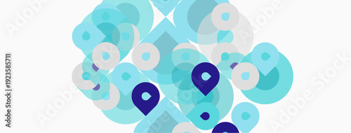 Abstract shapes, varying sizes, blue hues dominate composition. Overlapping forms create dynamic visual texture. Minimalist design.