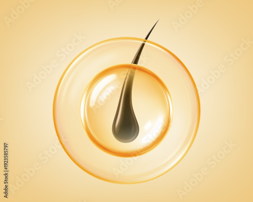 Black hair strand protected inside a golden oil droplet. Vitamin oil hair serum. Realistic vector illustration