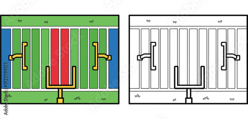 American Football Field with Goalposts in Color and Black & White Outline for Coloring Book