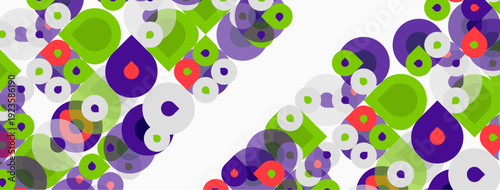 Abstract pattern features colorful shapes. Circles, squares, drops overlap creating dynamic visual texture. Bright hues dominate composition.