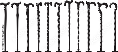 Collection of vintage walking sticks on white background