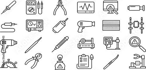 Bild auf Leinwand Soldering iron circuit repair line icon collection for electronics maintenance
