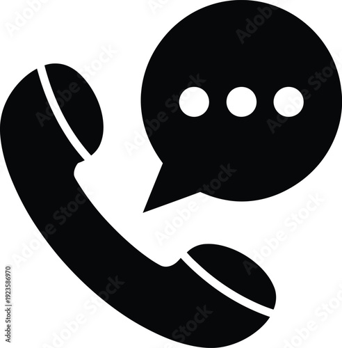 Black silhouette icon of a classic telephone receiver with a speech bubble containing three dots, representing customer service, communication, or contact options