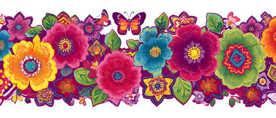 Colorful floral border with butterflies and decorative elements.