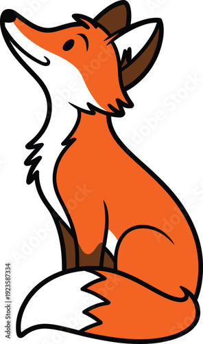 Cute cartoon fox sitting and looking up, stylized illustration of a red fox with black and white details, vector graphic