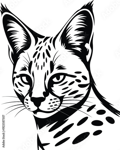 Serval cat head portrait stylized black and white vector graphic illustration