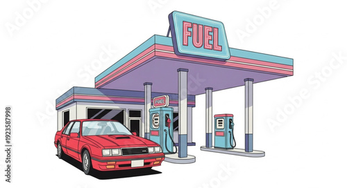 Gas Station with Red Car.