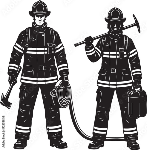 Pair of firefighter silhouettes holding equipment, clean vector style