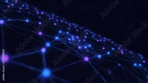 Abstract blue and purple glowing network connection with dots and lines on dark background, representing data, technology, and global communication.