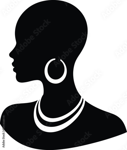 Silhouette of a black woman in profile with hoop earrings and necklace, elegant african american female head and shoulders portrait
