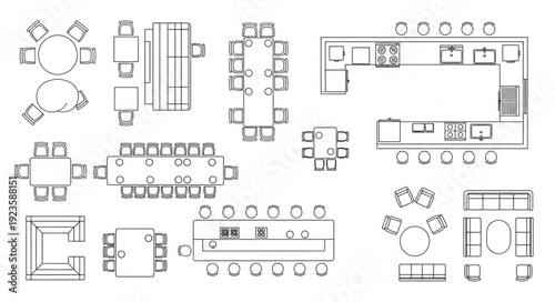 Detailed architectural floor plan layouts showcasing various table and seating arrangements.