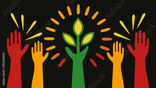 Colorful hands lifting a glowing green plant with leaves and sunburst on black background symbolizing growth and harmony