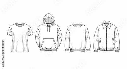 Line drawings of four clothing items including a t-shirt, hoodie, sweater, and jacket against a clean white background.