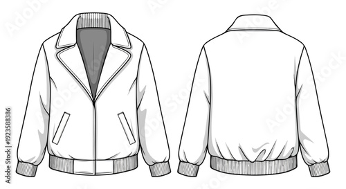 Illustration of a white jacket shown from the front and back with gray accents and a belted waist on a clean white background.