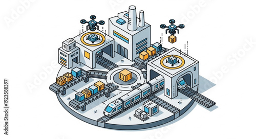 Futuristic Factory with Robots and Machines.