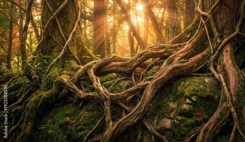 Intertwined tree roots and vines covered in green moss in a glowing magical forest at sunset, conceptual background representing unity, connection, and strong networks.