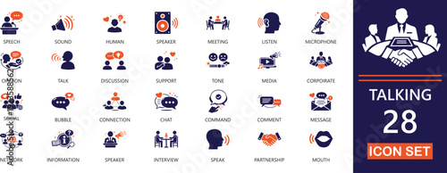 modern solid icon set for voice talk, speech, bubble, customer, support, communication, assistant, and language translation.