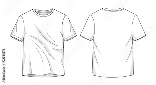 Line drawing of a short-sleeved t-shirt shown from the front and back on a white background with detailed outlines.