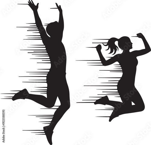 Pair of jumping human silhouettes in action, isolated vector.