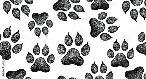 Black Paw Print Vector Pattern Featuring Animal Footprints with Stippled Texture for Pet, Nature