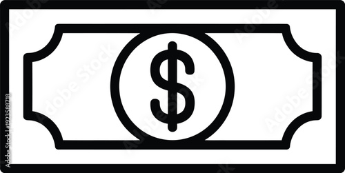 Black and white illustration of a dollar bill icon with a simple design
