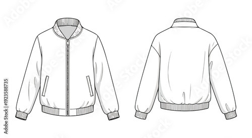 Technical drawing of a white bomber jacket with ribbed cuffs and hem, displayed from the front and back, on a plain background.