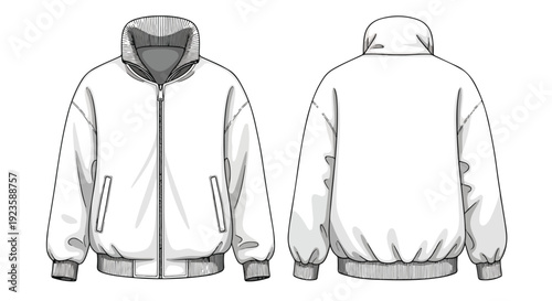 Detailed illustration of a white hooded jacket with zipper closure shown from both front and back against a clean white background.