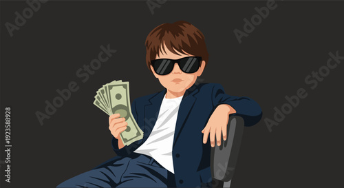Confident young boy in a suit and sunglasses holding a stack of money, symbolizing aspiration and the potential for financial prosperity