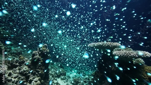 Underwater coral reef teeming with bioluminescent plankton and marine life.