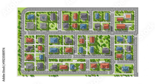 Detailed aerial view of a residential neighborhood with houses and roads, urban planning concept.