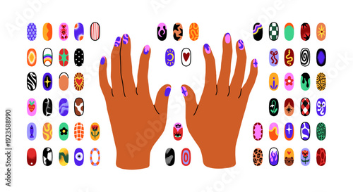 Female hands with set of different manicure designs. Nails with various fashion prints, beauty patterns. Fingernails with flowers, hearts, abstract shapes. Flat isolated vector illustrations on white