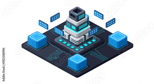 An isometric 3D illustration of a futuristic data processing core, featuring a central tiered server surrounded by glowing blue network nodes and floating digital arrays on a cybernetic circuit board