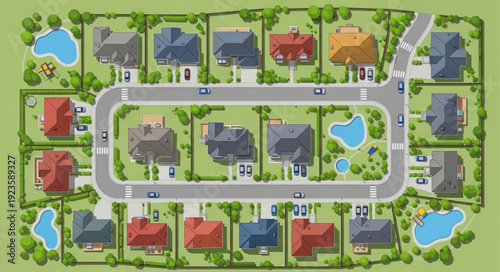 Residential neighborhood aerial view showcasing houses, roads, and green spaces, a community.