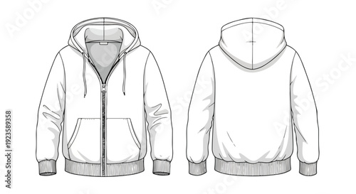 Detailed illustration of a white zip-up hoodie with hood shown from both front and back on a clean white background.