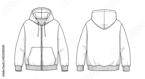 Technical drawing of a white hooded sweatshirt shown from the front and back on a plain background.