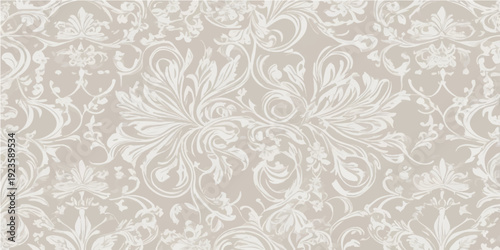 Vintage seamless damask wallpaper featuring an ornate floral ornament with retro swirls and lace textures for elegant textile design and vector backdrop illustration