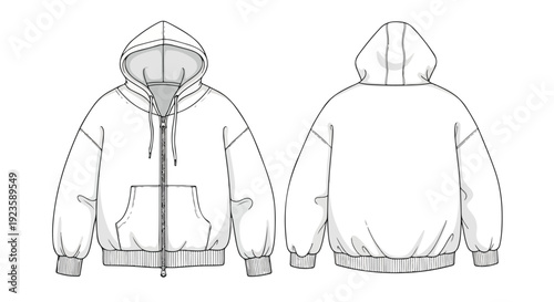 Line drawing of a white hooded sweatshirt shown from both the front and back with a plain white background.