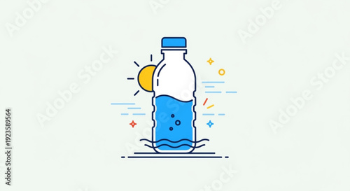 Refreshing blue water bottle with sun and colorful splashes on a light background