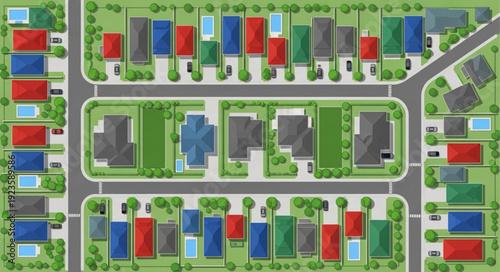 Aerial view of a residential neighborhood with houses and roads, urban planning concept.