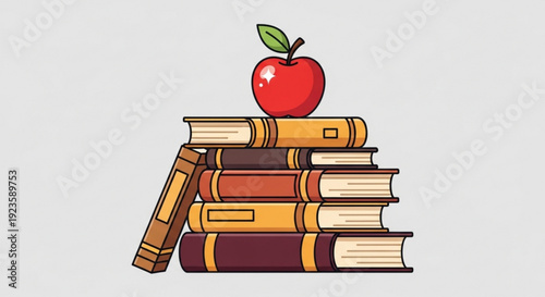 Stack of colorful books with a shiny red apple on top symbolizing education and knowledge