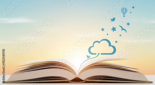 Open book with cloud and stars rising from pages at sunset background