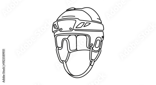 Detailed line drawing of a protective helmet with visor and chin strap on white background for safety and sports concepts