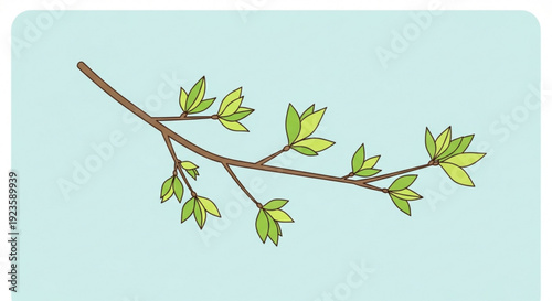 Brown tree branch with green leaves on light blue background symbolizing nature and growth
